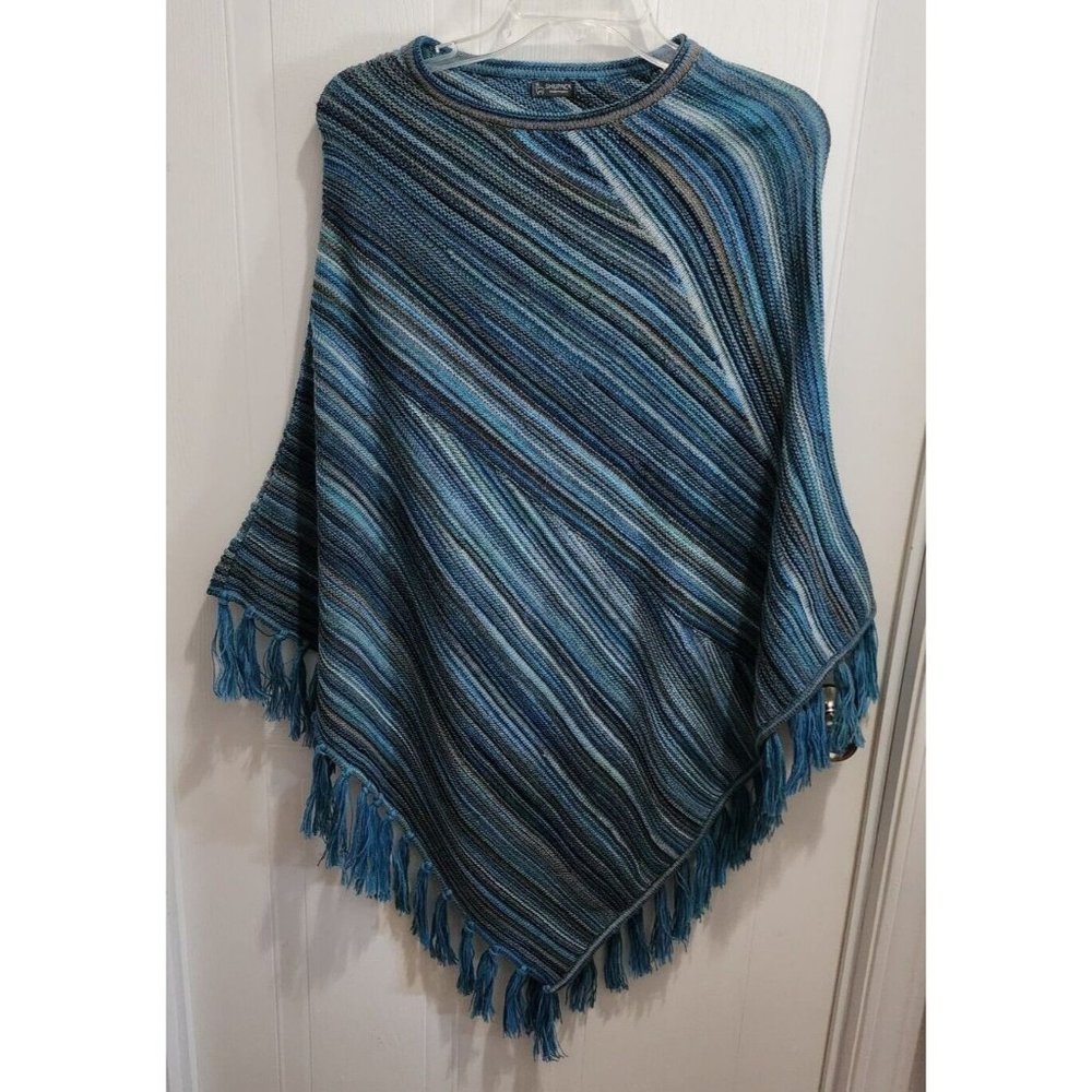 Shupaca Women's 100% Alpaca Poncho Multi Blue Knit Fringe‎ Hem One Size